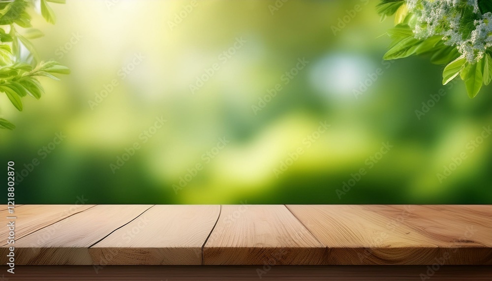 Fototapete empty wooden tabletop with a blurred green spring background perfect for product display presentatio