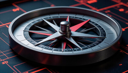 Sleek geometric compass on digital grid with contrast lighting, precision
