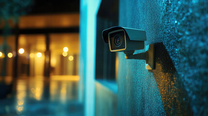 CCTV camera on the facade of a private house in the evening