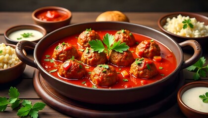 A festive presentation of Izmir köfte served family style in a rustic dish with rice and herbs