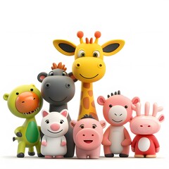 Naklejka premium Colorful Cartoon Animal Characters in Playful Group Pose