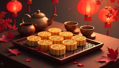 Obraz premium A vibrant scene of mooncakes on a carved wooden tray, celebrating Mid Autumn Festival