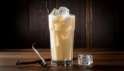 a tall glass of vanilla soda with a swirl of vanilla syrup and ice cubes served in a retro style soda glass