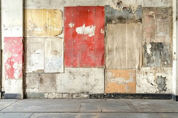 Colorful, peeling posters create an urban art backdrop on a weathered wall in an abandoned space...