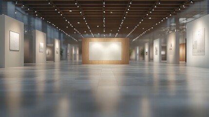 Naklejka premium Modern Art Gallery Interior with Abstract Design, Blurred Background, and Spacious Exhibition Space Illuminated by LED Lights and Wood Accents