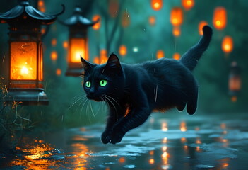 A black cat leaps gracefully through a mystical, rain-soaked night