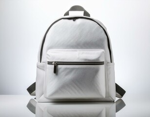 white backpack with soft fabric textures placed on a reflective white surface for a premium look
