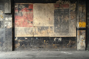 Wall covered in aged posters and textures in an urban environment during daylight