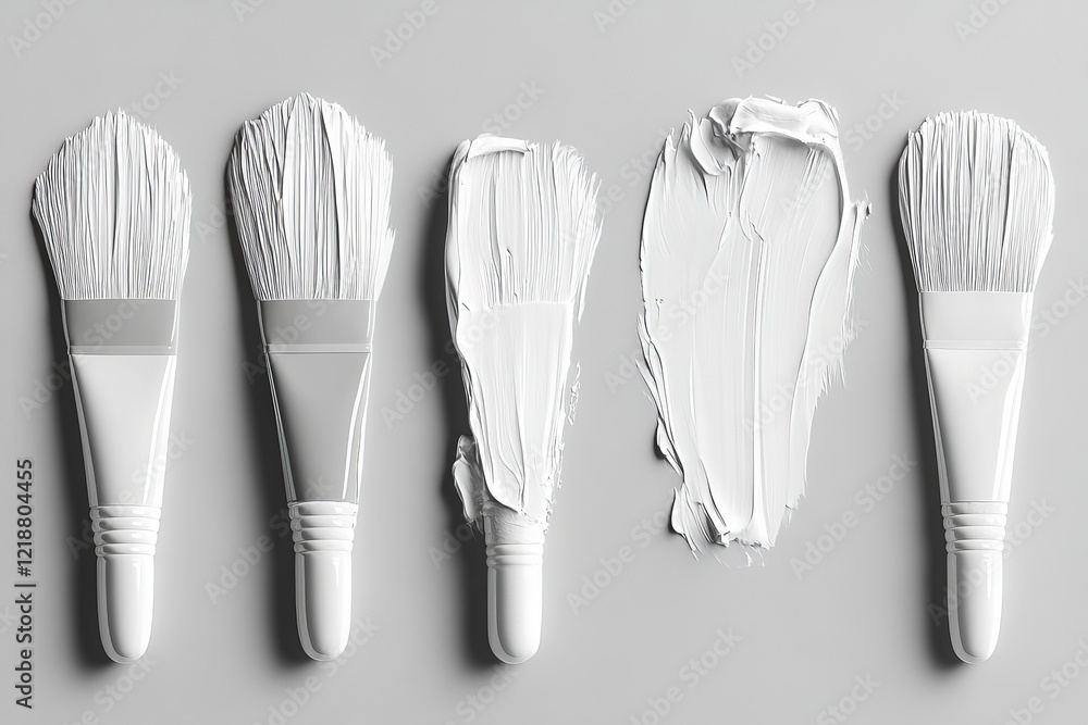 Aufkleber different types of paintbrushes and white paint arranged on a gray surface for artistic design and d