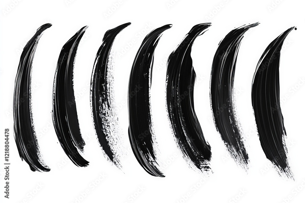 Poster dynamic brush strokes creating a series of abstract black designs on a white background
