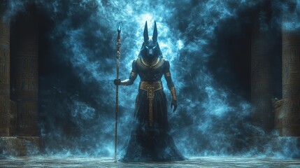 Anubis the Protector in a Glowing Ancient Chamber. Generative AI