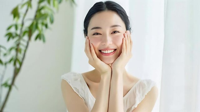 美容イメージの女性。頬に手をあてて満足げな笑顔。夏のスキンケア（AI_02）