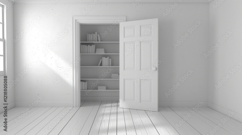 Poster a minimalist white room with an open door revealing a bookshelf, allowing light to filter in, creati