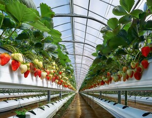 hydroponic farming of strawberries in a greenhouse