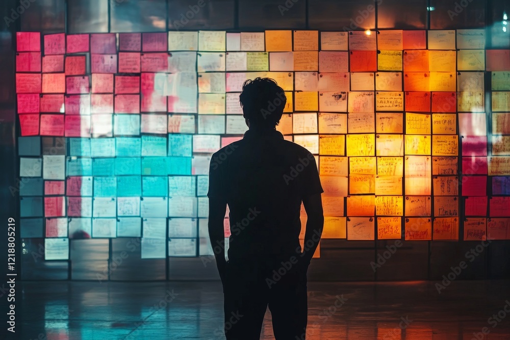 Wall mural reflection of a viewer before a colorful wall of notes in an urban setting during evening hours