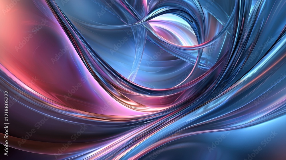 Poster vivid fluid shapes swirl together, creating a dynamic abstract pattern. shades of blue and pink blen