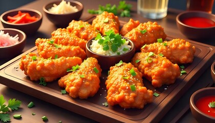 Fototapeta premium Korean fried chicken wings and drumsticks with dipping sauce, served for family gatherings