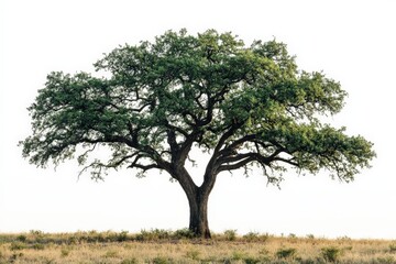 Fototapeta premium Majestic oak tree stands alone in open field under a clear sky during daytime