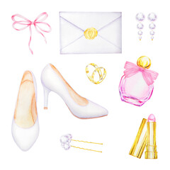 Watercolor illustration of bridal set. White high-heeled shoes, pink perfume bottle, gold wedding rings, pearl earrings, bow, envelope with golden heart seal and lipstick for wedding, Valentine s Day