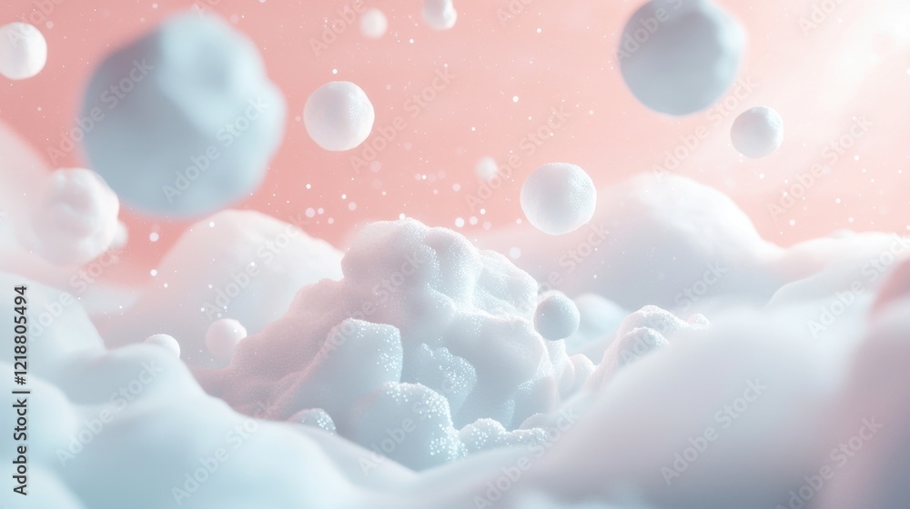 Poster soft white clouds and delicate spheres float in a dreamy atmosphere, creating a serene and otherworl