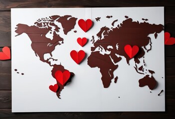 Wooden world map with red hearts on white background.