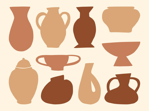 Earthenware Pottery Icon Rustic Style. A collection of minimalist pottery illustrations featuring vases, bowls, and jars in earthy tones, perfect for decor and design projects
