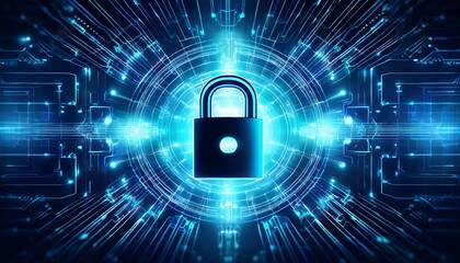 a lock symbol with glowing connection lines on a blue background representing a data protection concept ideal for cybersecurity and digital privacy themed designs