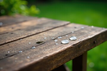 Fototapeta premium Clear water droplets on weathered wooden garden table, grain, clean