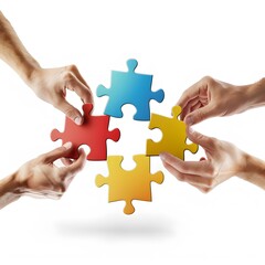 Colorful Puzzle Pieces Coming Together with Human Hands