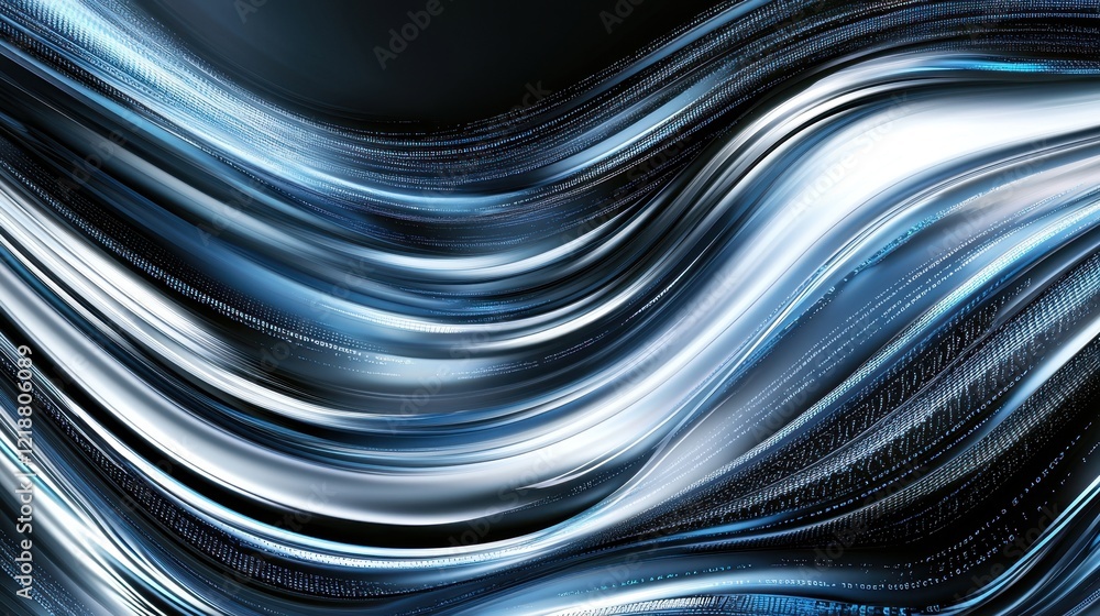 Poster curves of blue and silver intermingle to form a flowing pattern resembling waves. the smooth lines c