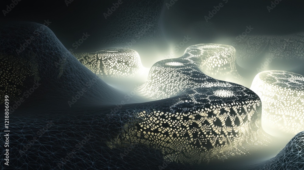Poster elaborate, glowing structures emerge from a dark background, showcasing intricate patterns. the ligh
