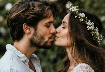Fototapeta premium Tender Moment: A romantic close-up captures a passionate kiss between a young couple, she adorned with a delicate flower crown, set against a softly blurred backdrop of lush greenery.