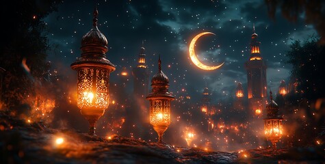 Moonlit night with floating lanterns near Eastern-style towers

