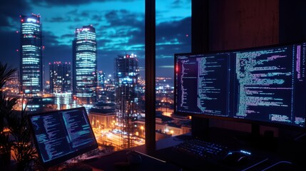 Coding Late Night with City View, Two Monitors Displaying Source Code, Illuminated Keyboard