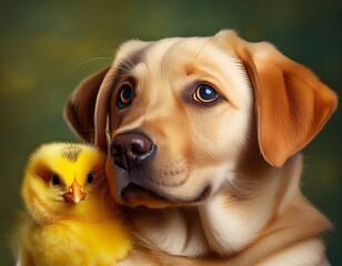 a small chick sits down on an adorable kitten s head with a labrador holding them