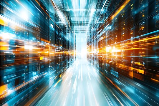 Abstract Data Stream: Turquoise & Amber Server Corridor