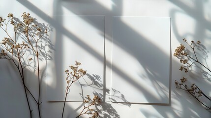 Dried gypsophila with window shadow on a beige wall