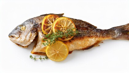 roast sea bass filled with lemon and thyme isolated on a white background