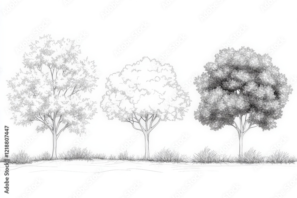 Aufkleber sketch of three trees showcasing different shading techniques and textures in a natural landscape se