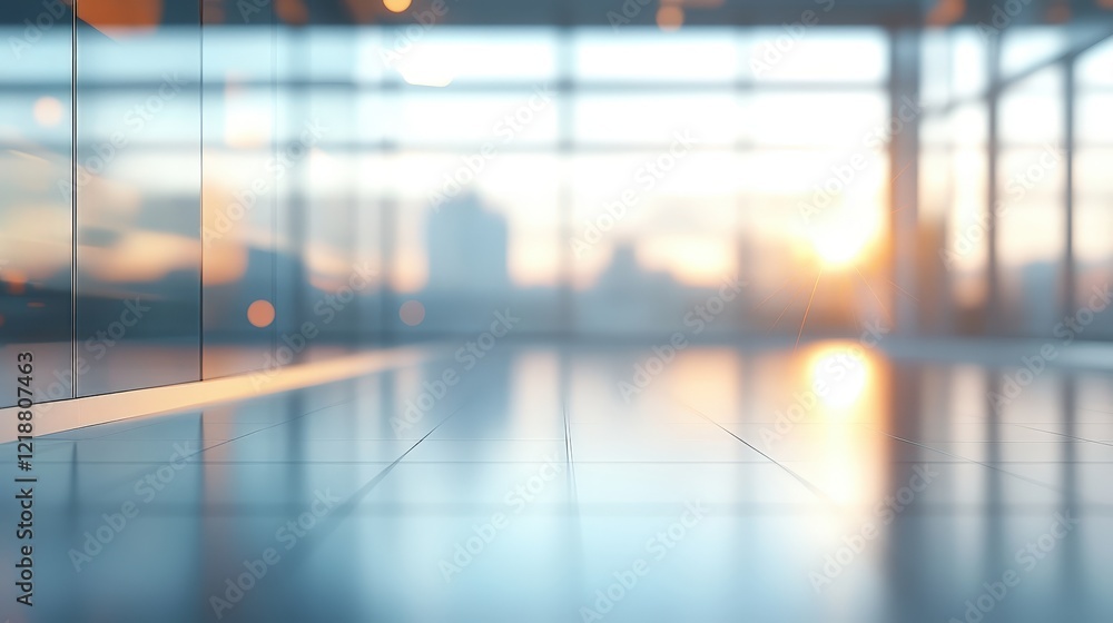 Poster beautiful blurred background with warm sunlight illuminating a modern interior space, creating an in