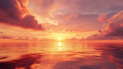 Fototapeta premium A breathtaking sunset unfolds over a serene ocean as vibrant hues of orange, pink, and purple fill the sky. The calm waters mirror the colorful panorama, creating a peaceful atmosphere