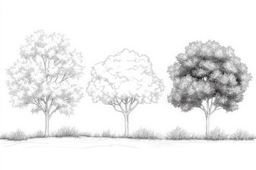 Sketch of three trees showcasing different shading techniques and textures in a natural landscape setting