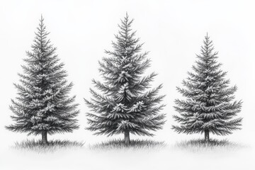 Obraz premium Snowy evergreen trees arranged in a row with detailed pencil shading on a white background