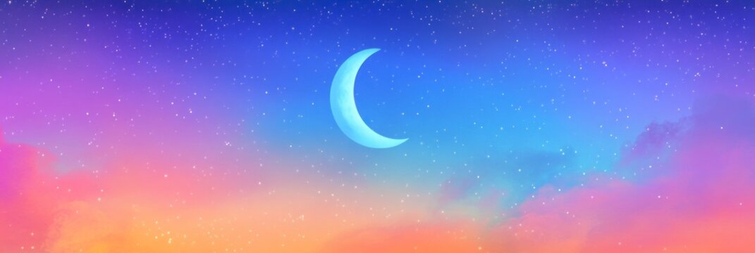 Eid al-Fitr morning sky with crescent moon and stars, vibrant colors of dawn, cresula moon, cresima z nouvelle la pleine lune, sky background, Ramadan concept.