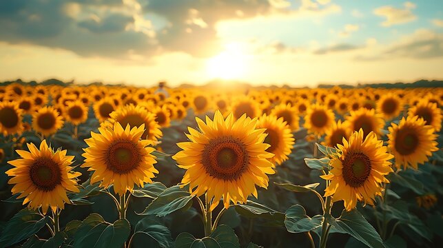 Wide angle shot of a sunflower field in Sindh Pakistan with rows of tall sunflowers facing the sun and a lone farmer in the distance tending to the crops by hand