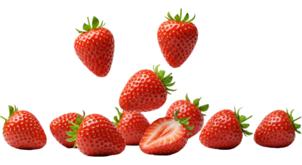 A composition of strawberries in various stages of falling, with a sense of motion blur on some, creating a dynamic
