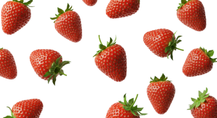 A perfectly symmetrical pattern of strawberries appearing to float downward, evenly spaced and detailed, with vibrant red hues