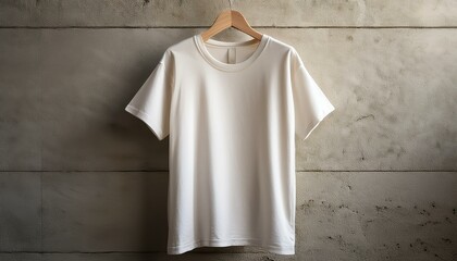 an oversized ivory colored t shirt hanging on a concrete wall featuring a product mockup with natural lighting aesthetic minimalist design and a neutral color palette