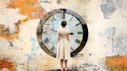 Fototapeta premium Woman Staring at Large Clock on Wall with Abstract Background