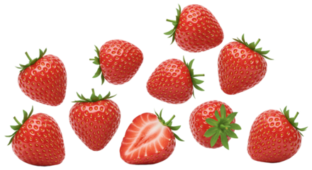 A playful arrangement of strawberries tumbling as if frozen in time, each one rendered with hyper-realistic textures